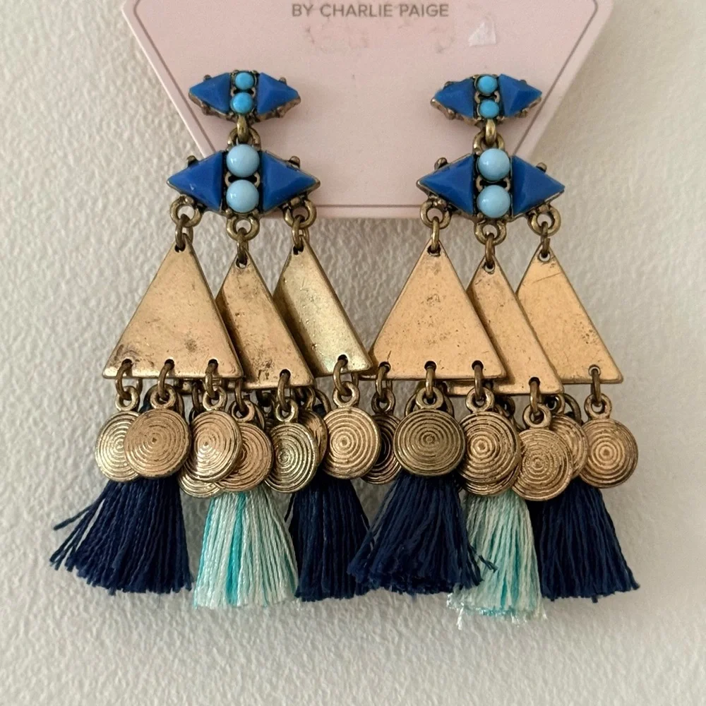 Astral by Charlie Paige Gypsy Blues Boho Tassel Earrings Gold Blue Turquoise